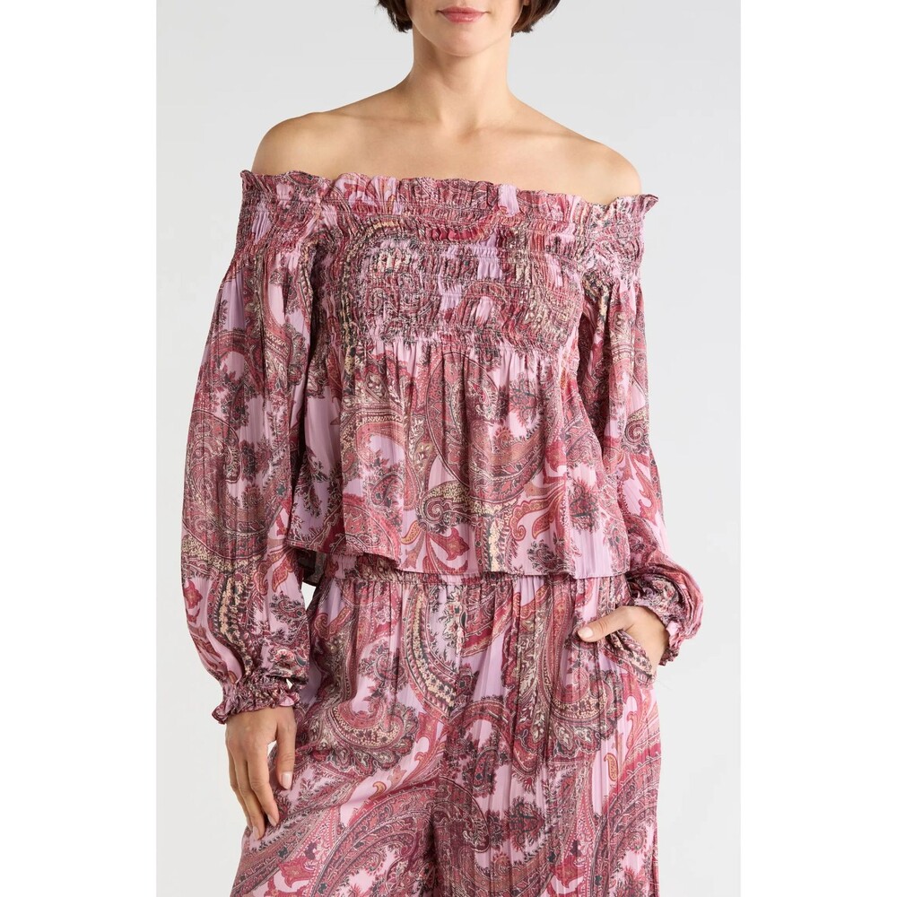 L'AGENCE Women's Ariela Smocked Satin Paisley Top size L NWT Boho Romantic Party